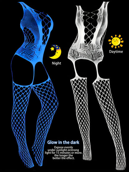 1pc Women's Glow-in-the-Dark Fishnet Onesie - Blue Fluorescent Glow Under Black Light - Activated Luminous High-Stretch Leggings with Skeleton Design - No Padding & Hand Washable - Sexy Lingerie for Valentine's Day, Music Fes