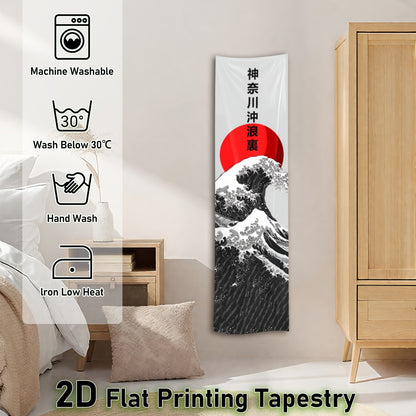 Extra Long Japanese Wall Hanging Tapestry - Great Wave off Kanagawa Ukiyo-e Art Poster, Large Vertical Floor Decor for Living Room, Bedroom, Dorm - Hokusai-Inspired Japanese Decor with Red Sun Symbol - Ideal Gift for Home Dec