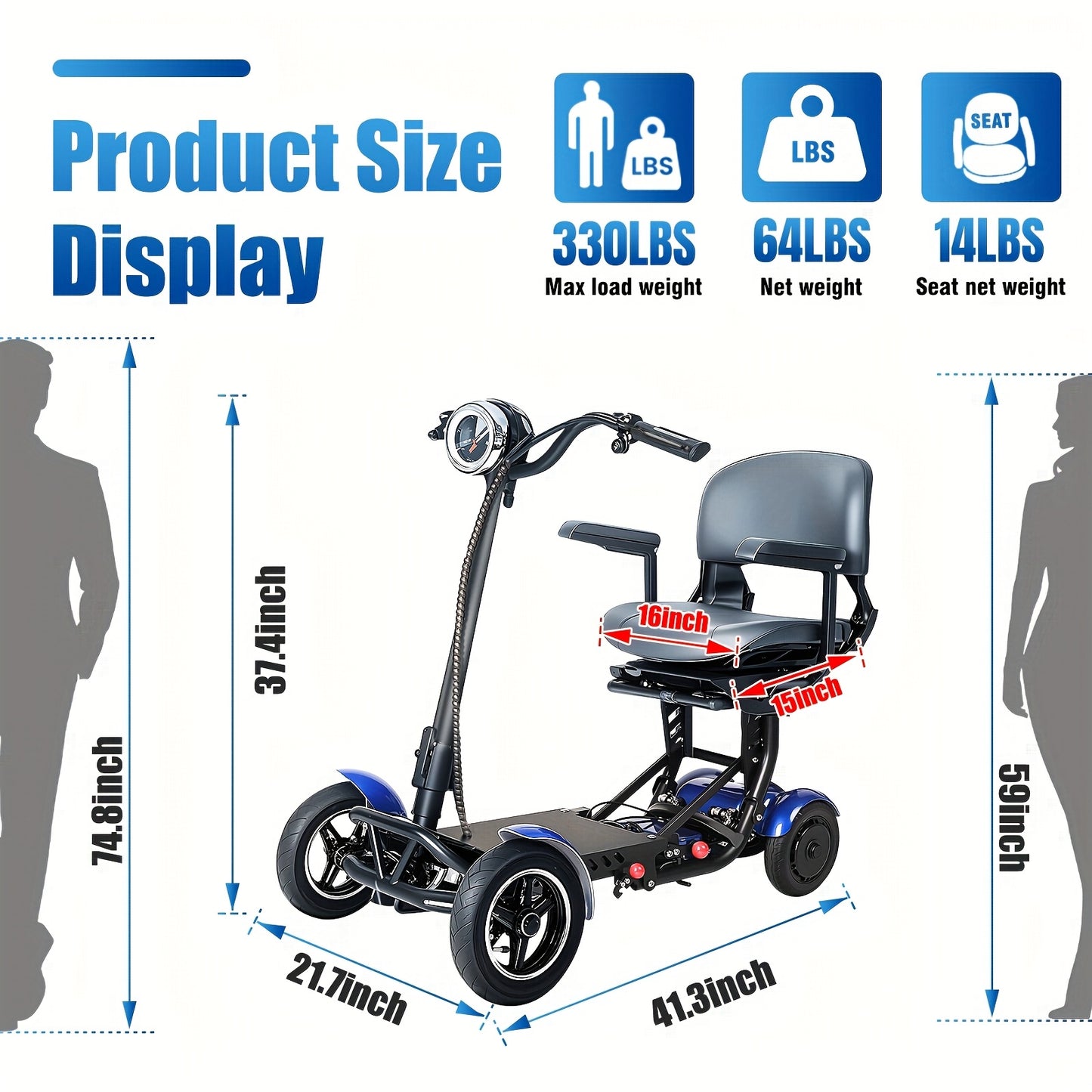 Folding Four-wheel Mobile Scooter for And Adults, Portable Electric Scooter with Basket, 3-speed Mode, 500W Dual Motors, 30 Mile Range, 11MPH, Lightweight And Compact Electric Scooter Foldable