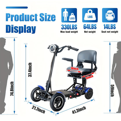 Folding Four-wheel Mobile Scooter for And Adults, Portable Electric Scooter with Basket, 3-speed Mode, 500W Dual Motors, 30 Mile Range, 11MPH, Lightweight And Compact Electric Scooter Foldable