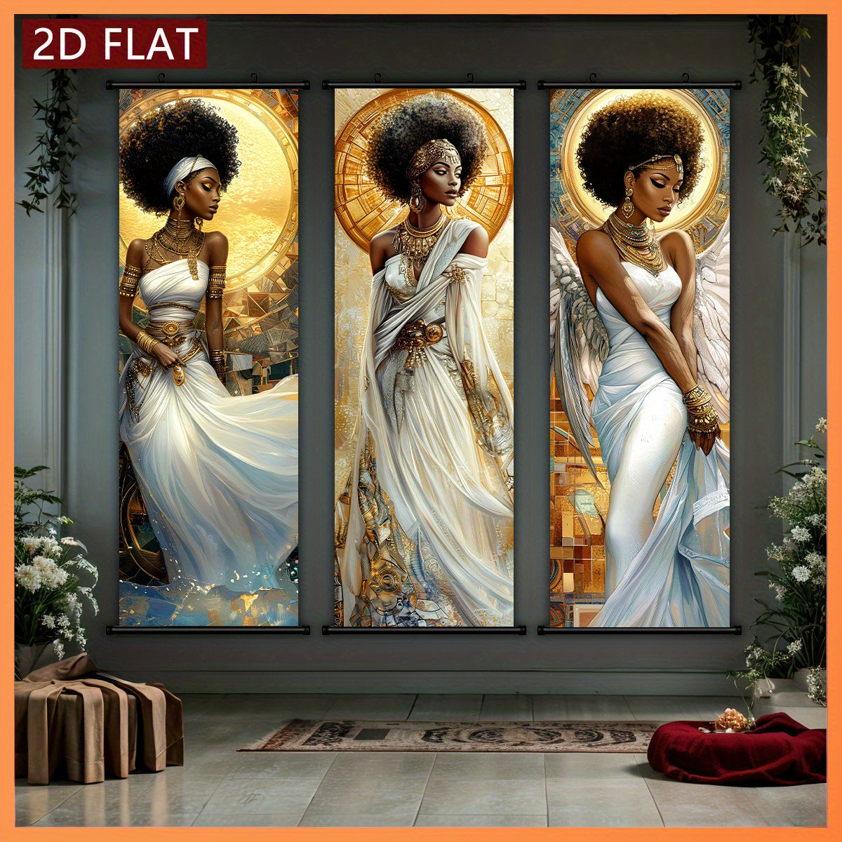 2D Flat, 2D/FLAT-3pcs Egyptian Goddess Plastic Scroll/ Scroll Painting, Sacred and Elegant Style Decorative Painting, White Dress Golden Ornament Halo Wings Element, Geometric Golden Pattern Background, Suitable for Living Ro
