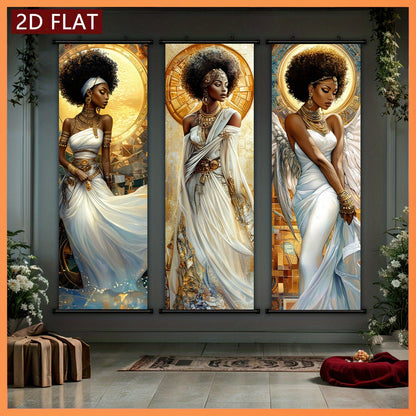 2D Flat, 2D/FLAT-3pcs Egyptian Goddess Plastic Scroll/ Scroll Painting, Sacred and Elegant Style Decorative Painting, White Dress Golden Ornament Halo Wings Element, Geometric Golden Pattern Background, Suitable for Living Ro