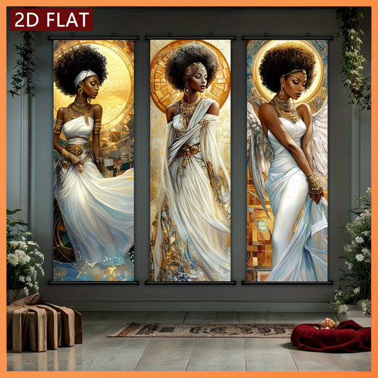 2D Flat, 2D/FLAT-3pcs Egyptian Goddess Plastic Scroll/ Scroll Painting, Sacred and Elegant Style Decorative Painting, White Dress Golden Ornament Halo Wings Element, Geometric Golden Pattern Background, Suitable for Living Ro