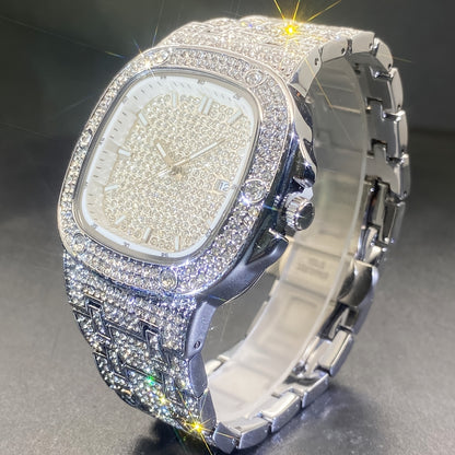 Latest Chilled Men'S Watch With Street Style Water Drill Hip-hop Square Watch For Women With Luminous Scale For Couples, Jewelry Accessories.