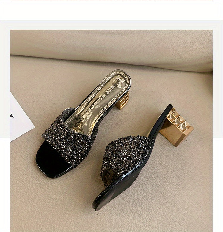 Women'S Chunky Heel Sandals - Slip-On Open-Toe High Heels with Ankle Strap, Golden Glamorous Party Shoes for Formal Events, Weddings, Nightouts - Cushioned Insole & Non-Slip PVC Sole - Available in Wide Widths (Women'S Summer