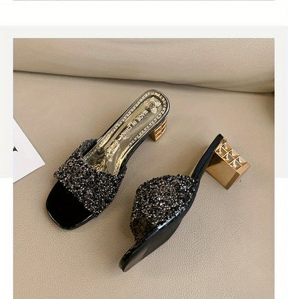 Women'S Chunky Heel Sandals - Slip-On Open-Toe High Heels with Ankle Strap, Golden Glamorous Party Shoes for Formal Events, Weddings, Nightouts - Cushioned Insole & Non-Slip PVC Sole - Available in Wide Widths (Women'S Summer