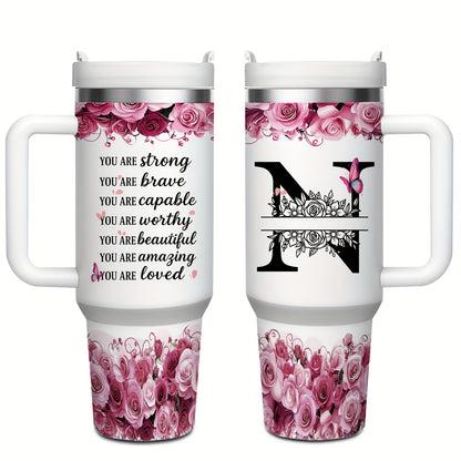 MIKENDA 1pc 40oz "A-Z Custom Letters & Name" Stainless Steel Travel Cup with Lid And Straw. Coffee Cup, Kitchen Drinkware. Great Gift for Women, Friends, Parents.for Mother's Day, Holidays. for Home & Outdoor Use.Halloween &