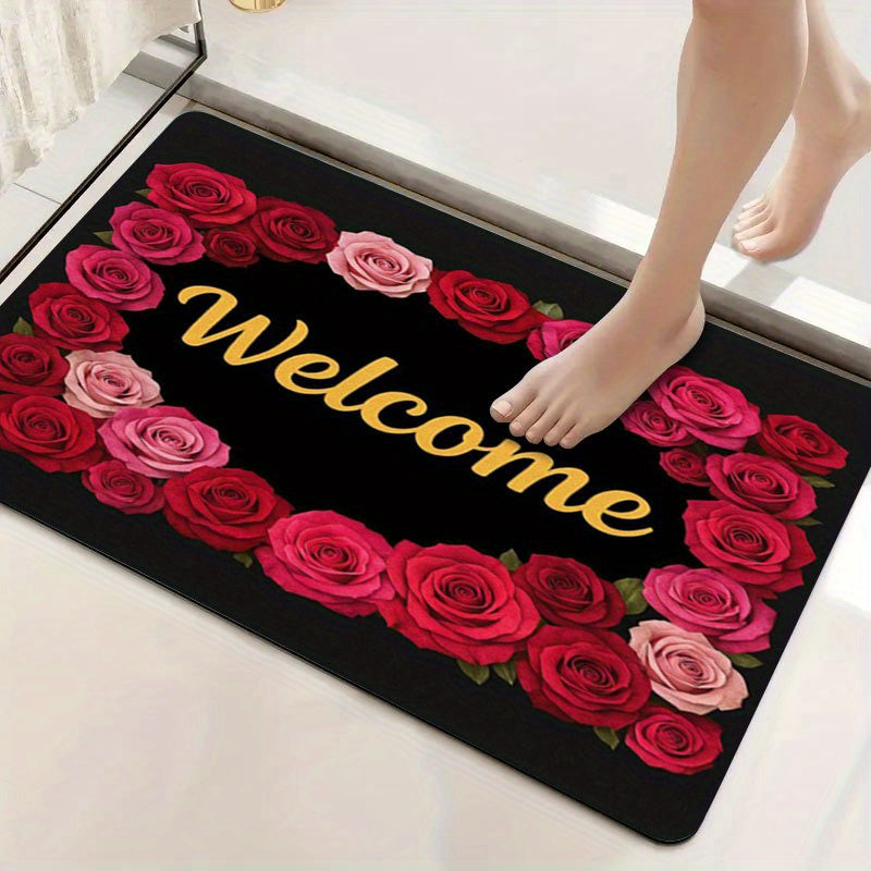 1pc Non-Slip Welcome Doormat - Red Roses & Welcome Golden Lettering on Black Background, High Quality Bathroom Mat, Entryway Mat, Camping Floor Mat - Machine Washable Rubber Backing for Indoor/Outdoor Use - Perfect for Christ