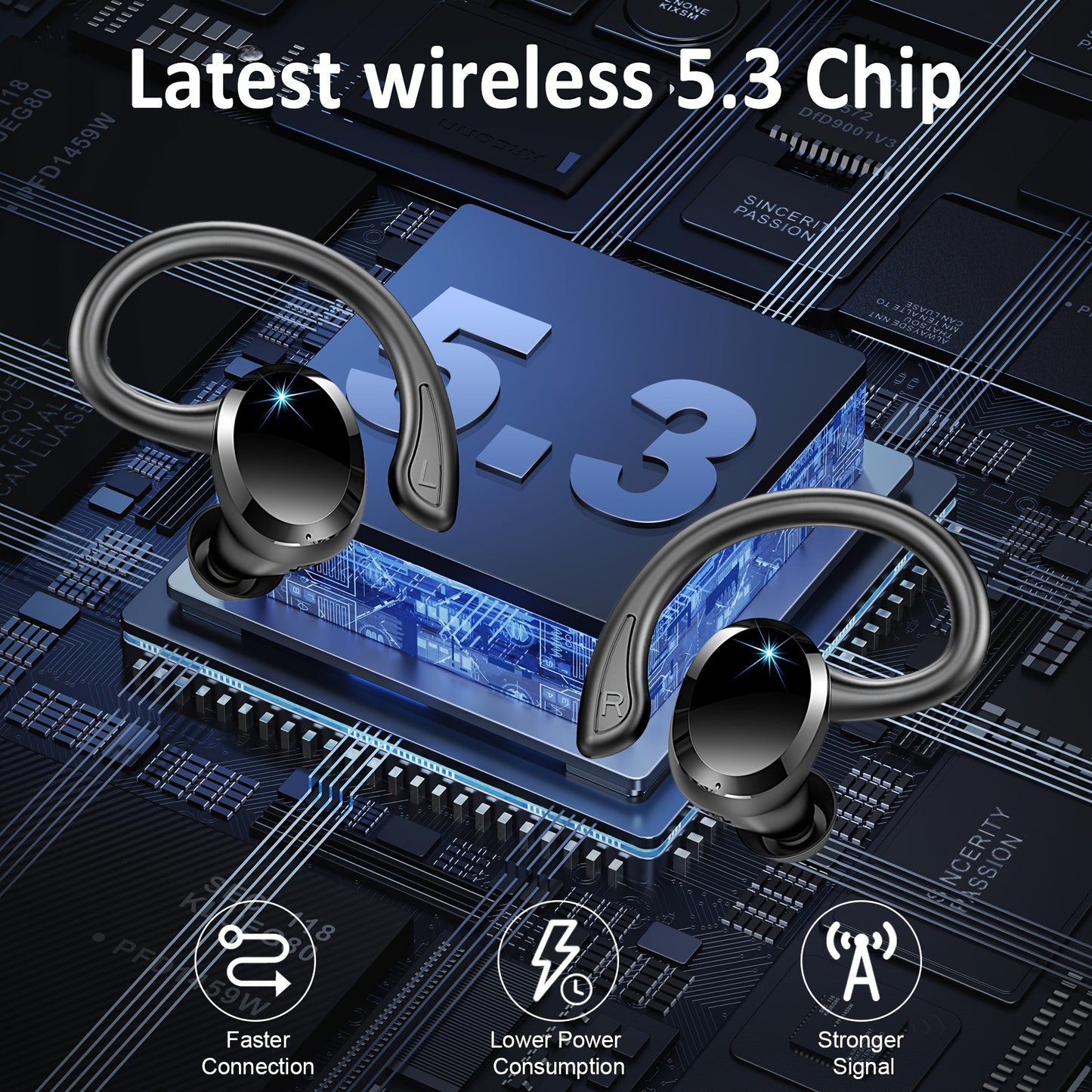 q38 Wireless Earbuds Sports Earbuds, 2024 Wireless 5.3 Earbuds 3D High Fidelity Stereo Headworn Earbuds, 48 Hour Earloop Earbuds with Noise Reduction Microphone, Suitable for Exercise/Running/Gym