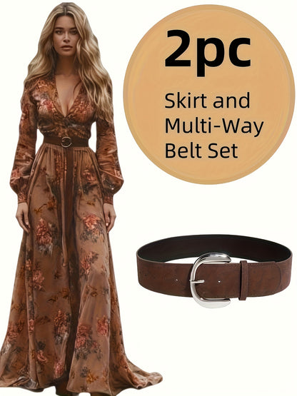 Brown Tone Deep V Floral Print Long Dress, Long Sleeve Vintage Romantic Style, Autumn Forest Artistic Outfit, Natural Flowy Long Dress, Oil Painting Texture Dress