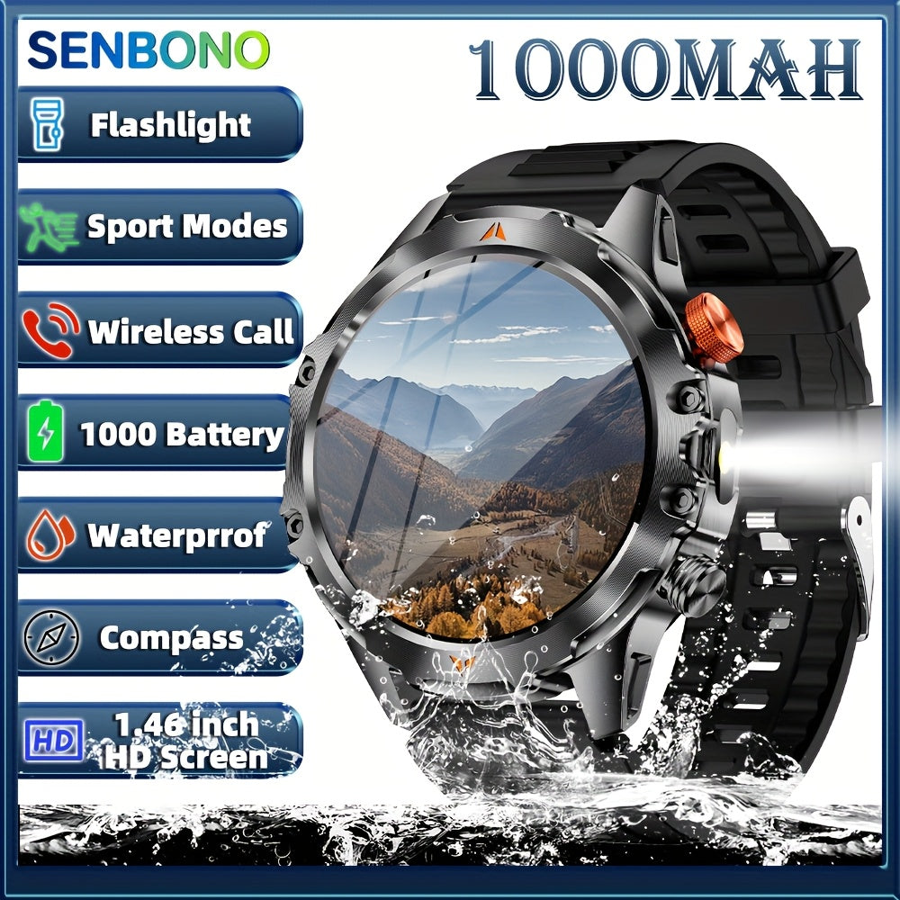 SENBONO Men‘s Smart Watch with 1000mAh Large Battery, 60Days+ Standby Time, 100+ Sports Modes, Wireless Calling, Strong LED Flashlight & Compass, 1.46inch HD Display, 360*360 Resolution, USB Rechargeable, Smart Watch for Me