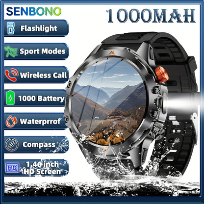 SENBONO Men‘s Smart Watch with 1000mAh Large Battery, 60Days+ Standby Time, 100+ Sports Modes, Wireless Calling, Strong LED Flashlight & Compass, 1.46inch HD Display, 360*360 Resolution, USB Rechargeable, Smart Watch for Me