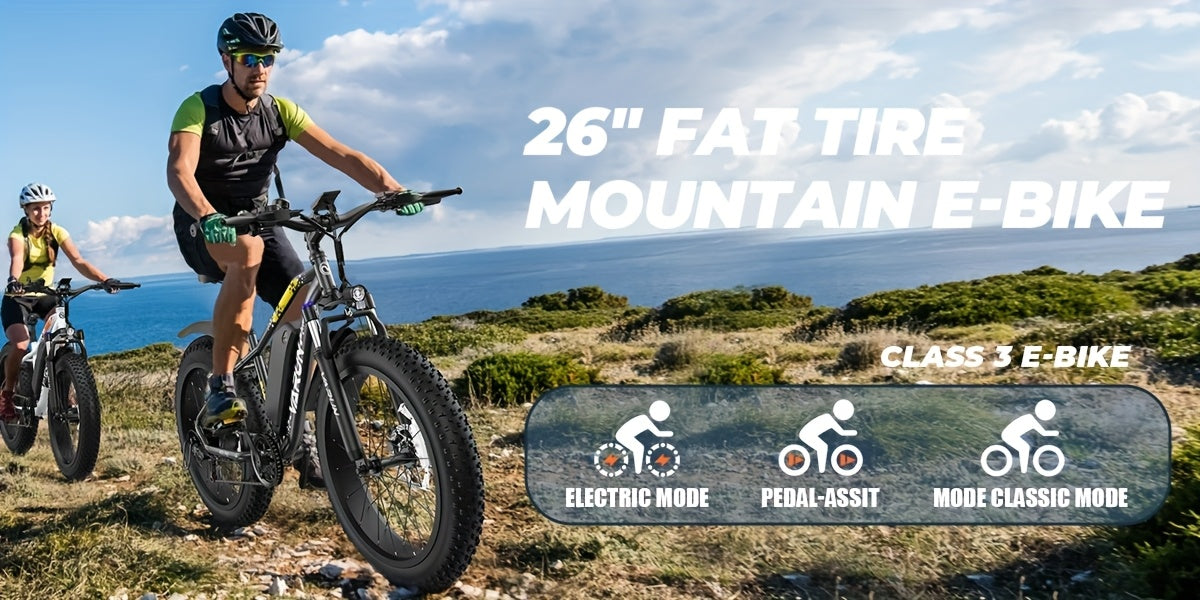 Adult Mountain Electric Bike, 500W Powerful Motor, 624wh Rechargeable Battery, With Mudguards, 7-speed Adult Fat Tire Electric Bike, Snow Riding Electric Bike, 26*4 Inches Wide Tire Bicycle, Christmas Gift, Birthday Gift