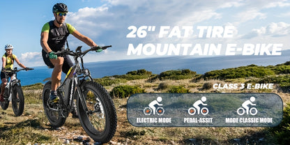 Adult Mountain Electric Bike, 500W Powerful Motor, 624wh Rechargeable Battery, With Mudguards, 7-speed Adult Fat Tire Electric Bike, Snow Riding Electric Bike, 26*4 Inches Wide Tire Bicycle, Christmas Gift, Birthday Gift