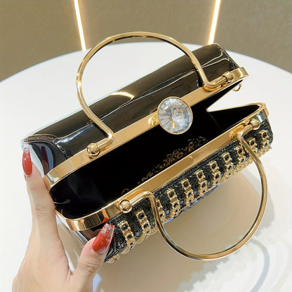 Glamorous Black & Golden Rhinestone Embellished Clutch with Detachable Strap - Sparkly Geometric Evening Bag for Parties, Banquets, and Formal Gatherings, Banquet Accessory | Polyester Construction, Party Purse