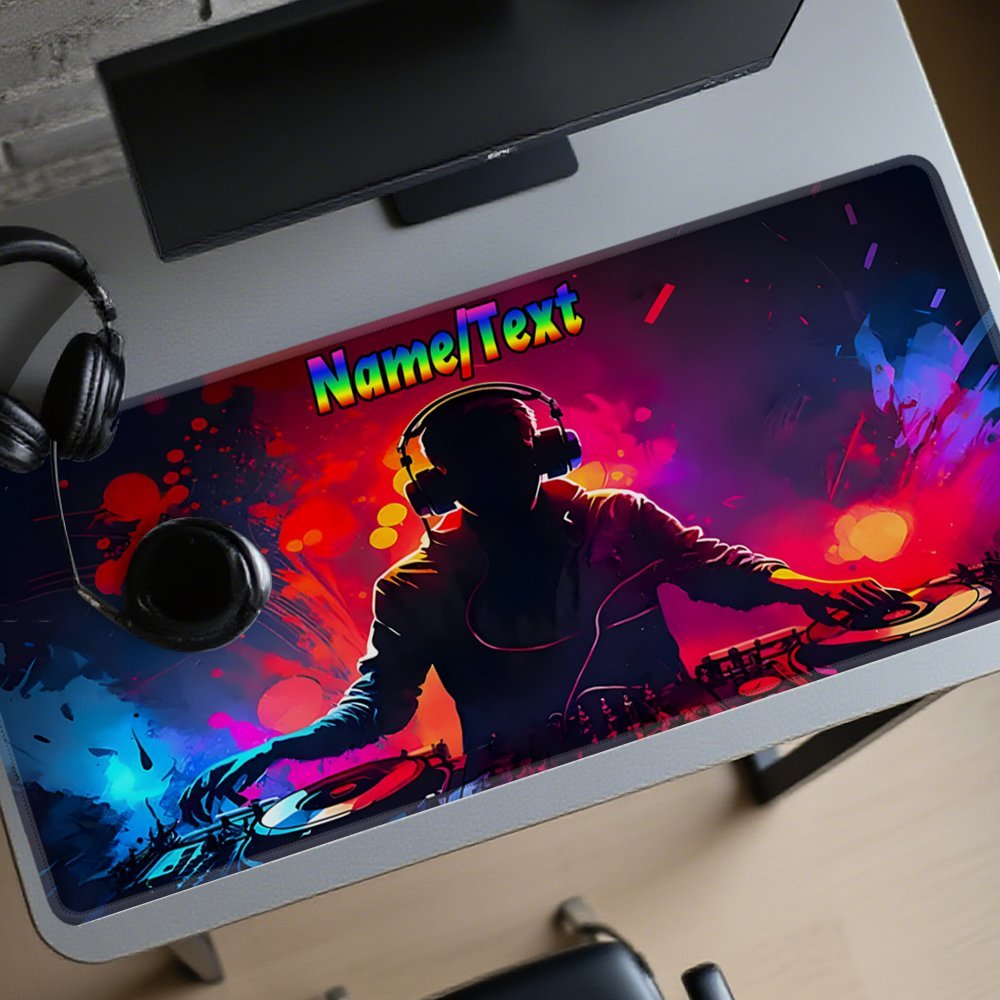 Custom DJ-Themed Gaming Desk Mat with Non-Slip Base & Personalized Text/Name - Large Computer Mouse Pad for Music Producers, DJs, Office Setup - Washable Surface & Rubber Backing, DJ Headphones & Turntables Design - Ideal Gif