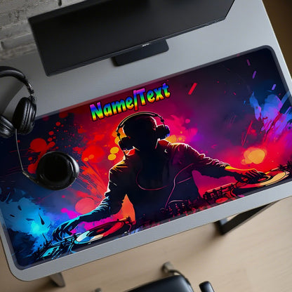 Custom DJ-Themed Gaming Desk Mat with Non-Slip Base & Personalized Text/Name - Large Computer Mouse Pad for Music Producers, DJs, Office Setup - Washable Surface & Rubber Backing, DJ Headphones & Turntables Design - Ideal Gif