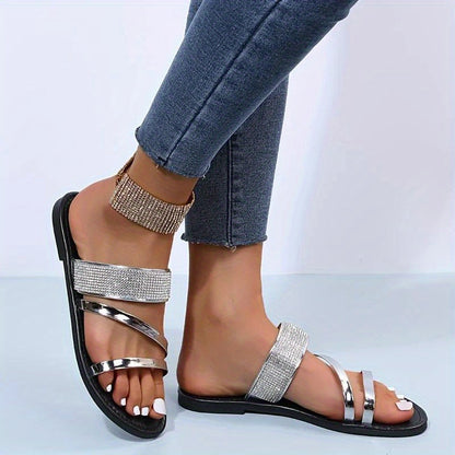 Glittering Rhinestone Sandals for Ladies - Comfortable Open-Toe Flats Suitable for Both Indoor And Outdoor Use.