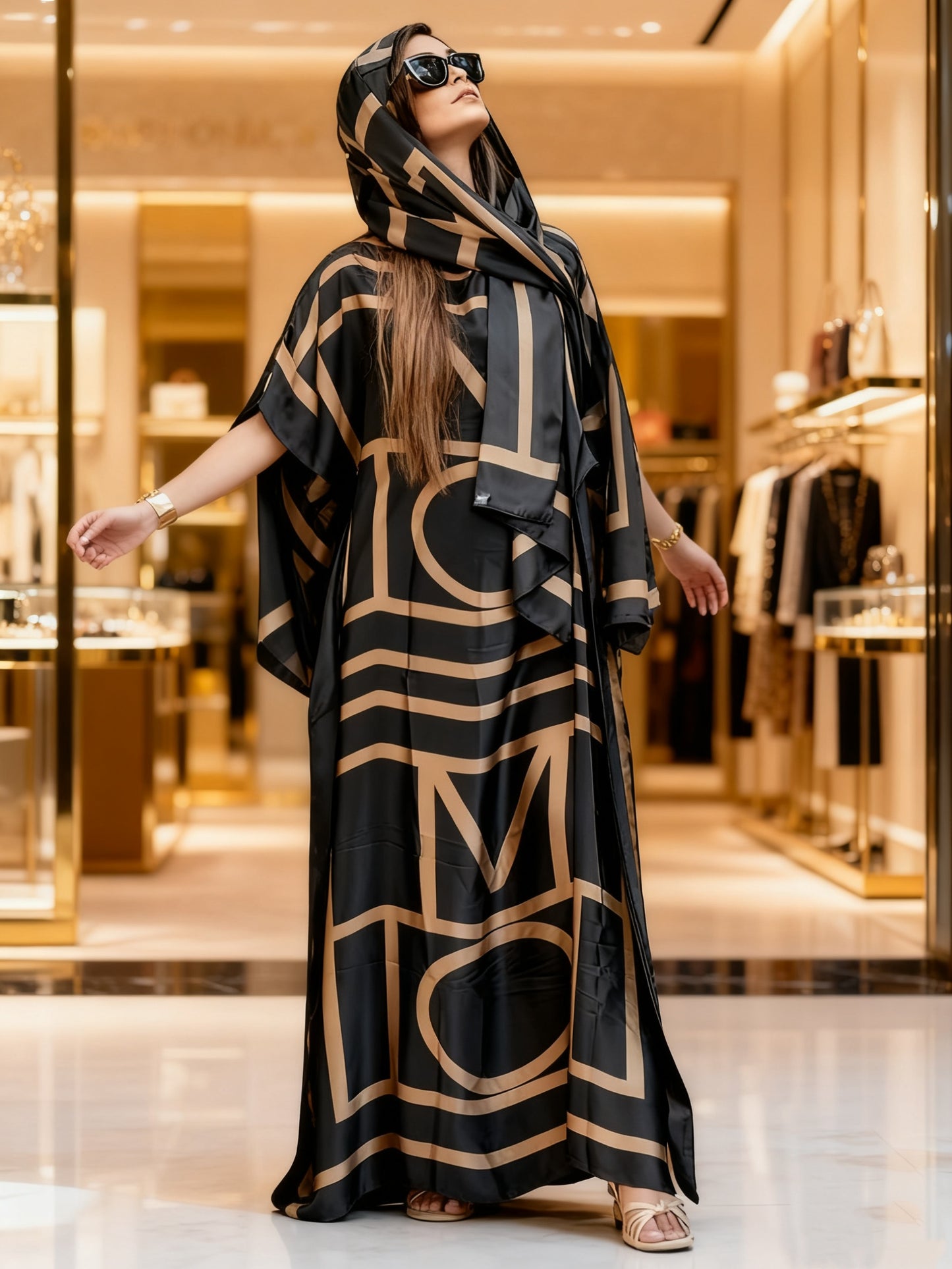 Plus Size - Elegant Black And Golden Geometric Letter Print Kaftan Dress - Comes with a Matching Headpiece | Ideal for Chic Everyday Outfits And Fashion Occasions