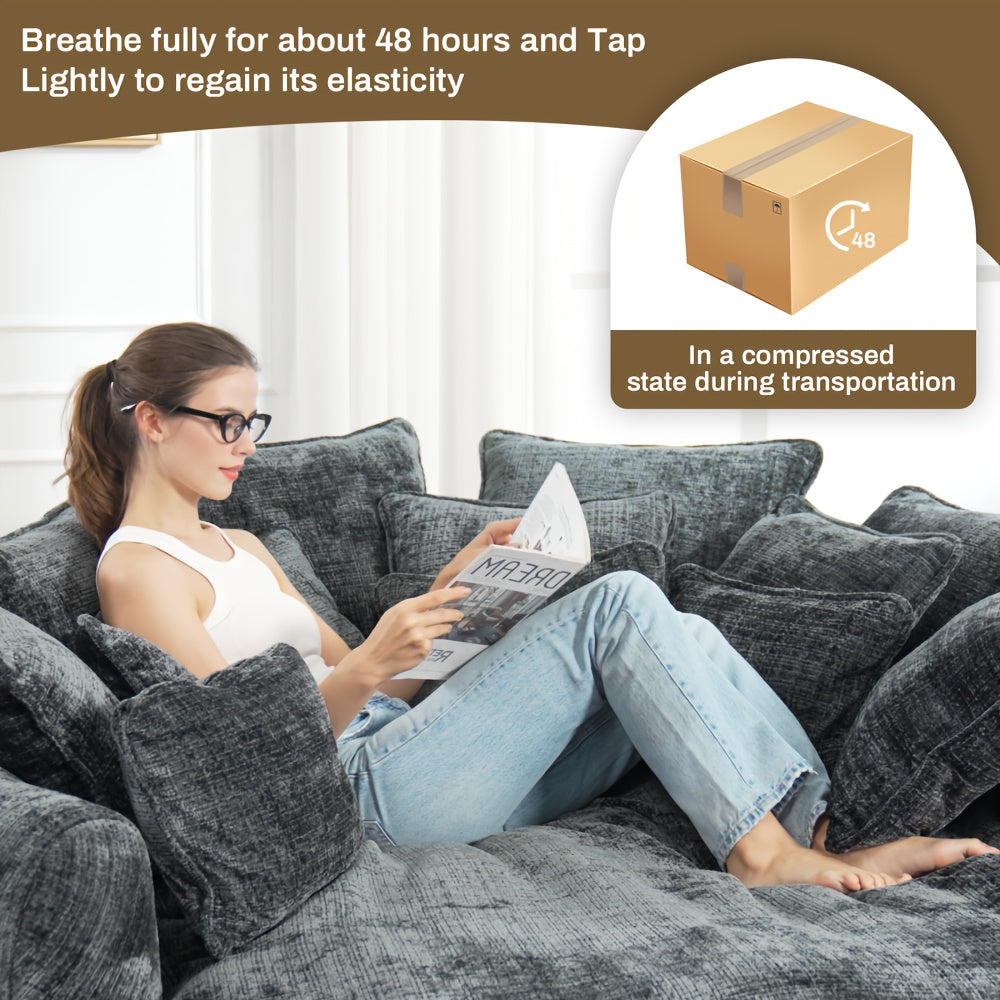 Modern 81" Oversized Bean Bag Chair - Upholstered Chenille Round Sofa Bed with Plush Fluffy Cushion, Deep Seat & Open Back Design, No Assembly Required, Gray Fabric for Living Room, Apartment, or Guest Room, Cozy Seating, Con