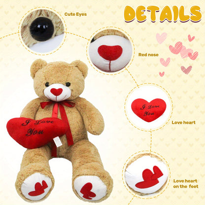 53" Big Teddy Bear Stuffed Animals with Footprints And 14" Heart-shaped Plush Pillow Plush Toy for Girlfriend (White Pink Brown Blue Purple), Stuffed Animals, Huge Stuffed Animal, Small Stuffed Animals, Cuddly Companion, Gift