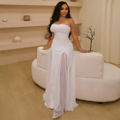 LUCKFOX 2026 Temperament Women'S Perspective Tube Top Slim A-Shaped Skirt One-Shoulder Collar Solid Color Dress | Elegant Long Length Mermaid Hem, Sleeveless, Perfect for Spring/Fall