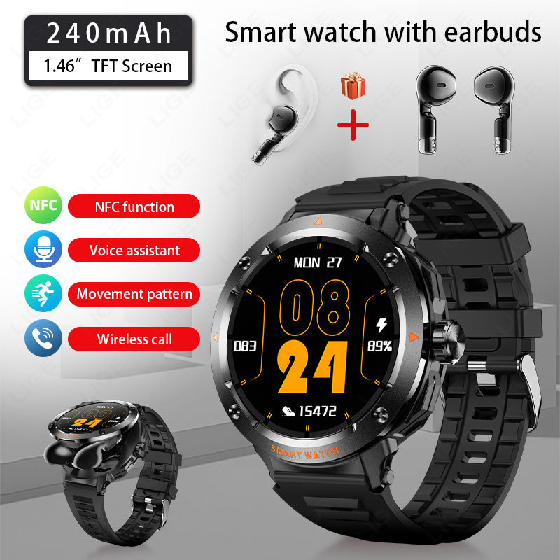 LIGE New Smartwatch with 2-in-1 Wireless Earbuds, NFC Access Card Function, Full Touch Control, - 1.46''TFT Screen, Fitness Tracker, Music Playback, Sleep Monitor, Weather Updates, Information Storage, Multiple Sports Modes,