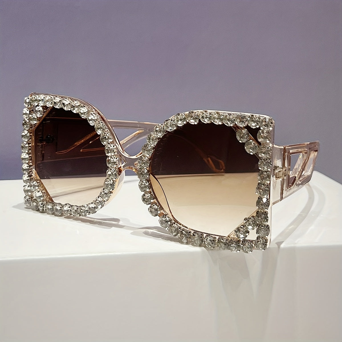 Oversized Square Luxury Rhinestone Fashion Party Photo Glasses for Women - Sparkling Light Blocking & -Eye Strain, Wide Frame Statement Glasses for Night, Prom, New Year'S Eve, Photo Shoots - Stylish Party