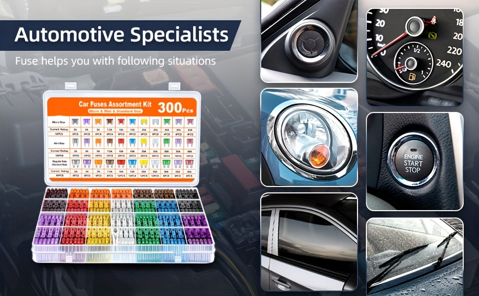 300pcs Car Fuse Kit, Including 160 Mini Fuses, 90 Standard Fuses, 50 Micro Fuses, 1 Removal Tool - Aluminum Alloy, Mixed Colors, Uncharged, Suitable for Cars, RVs, Trucks, Motorcycles 2A 3A 5A 7.5A 10A 15A 20A 25A 30A 35A 40A