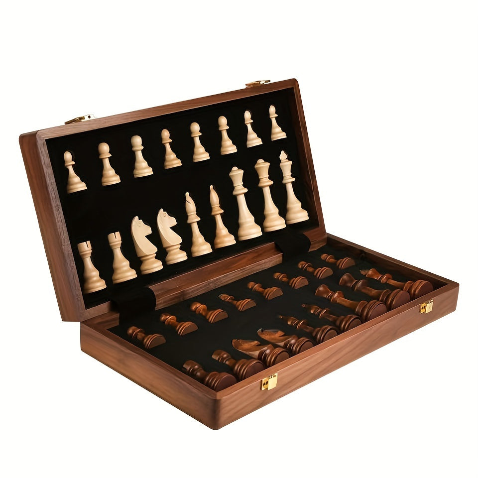 38.1cm X 38.1cm/15" X 15" Chess Solid Wood Large Premium Folding Set, Chess Pieces Solid Wood, Checkerboard Walnut, Internal Storage Box