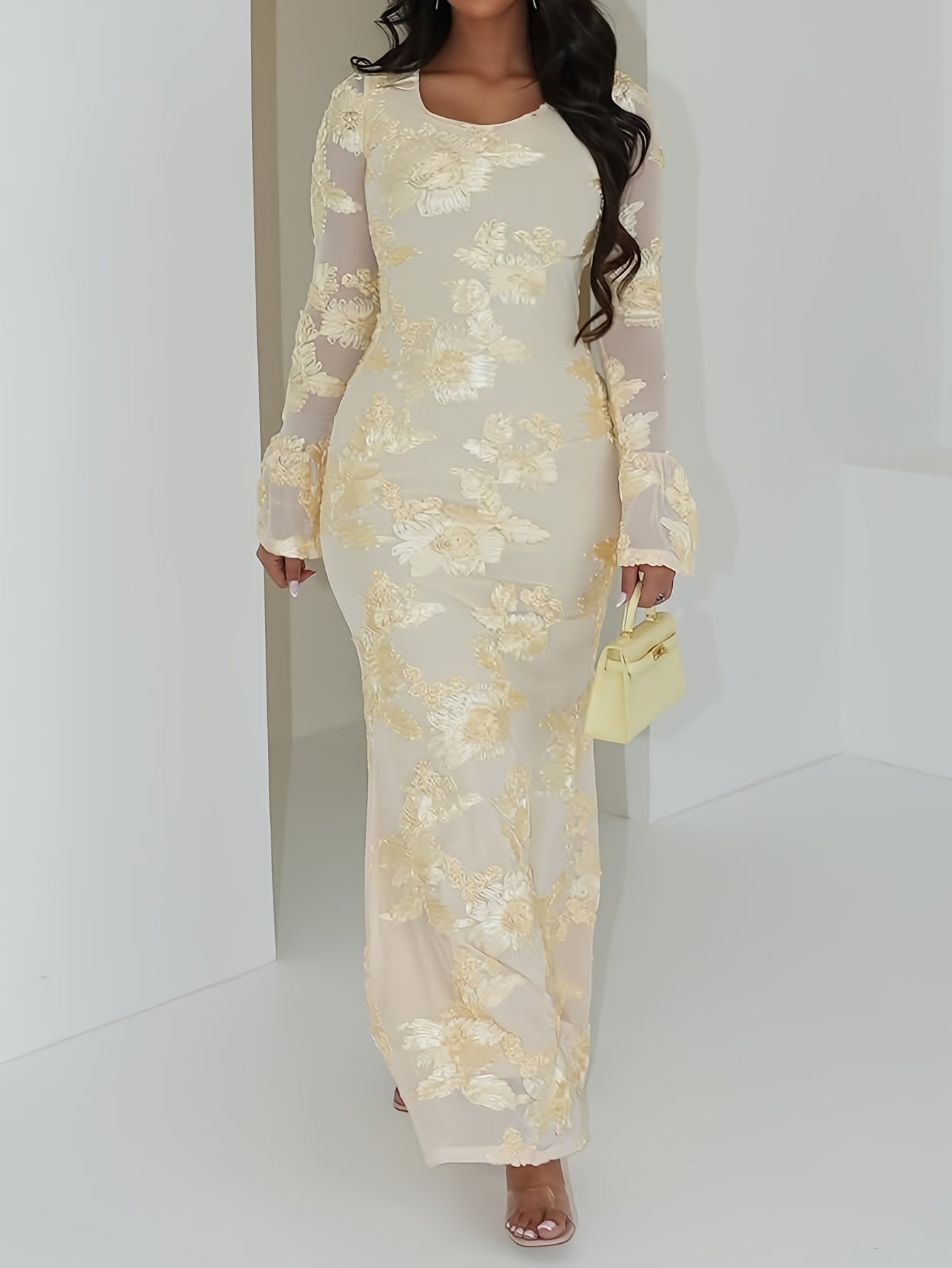 Women'S Elegant Floral Printed Long Dress | Round Neck, Flared Sleeves, Classic and Dignified, Suitable for Formal and Casual Events, Office, Weddings, Machine Washable, Long Length
