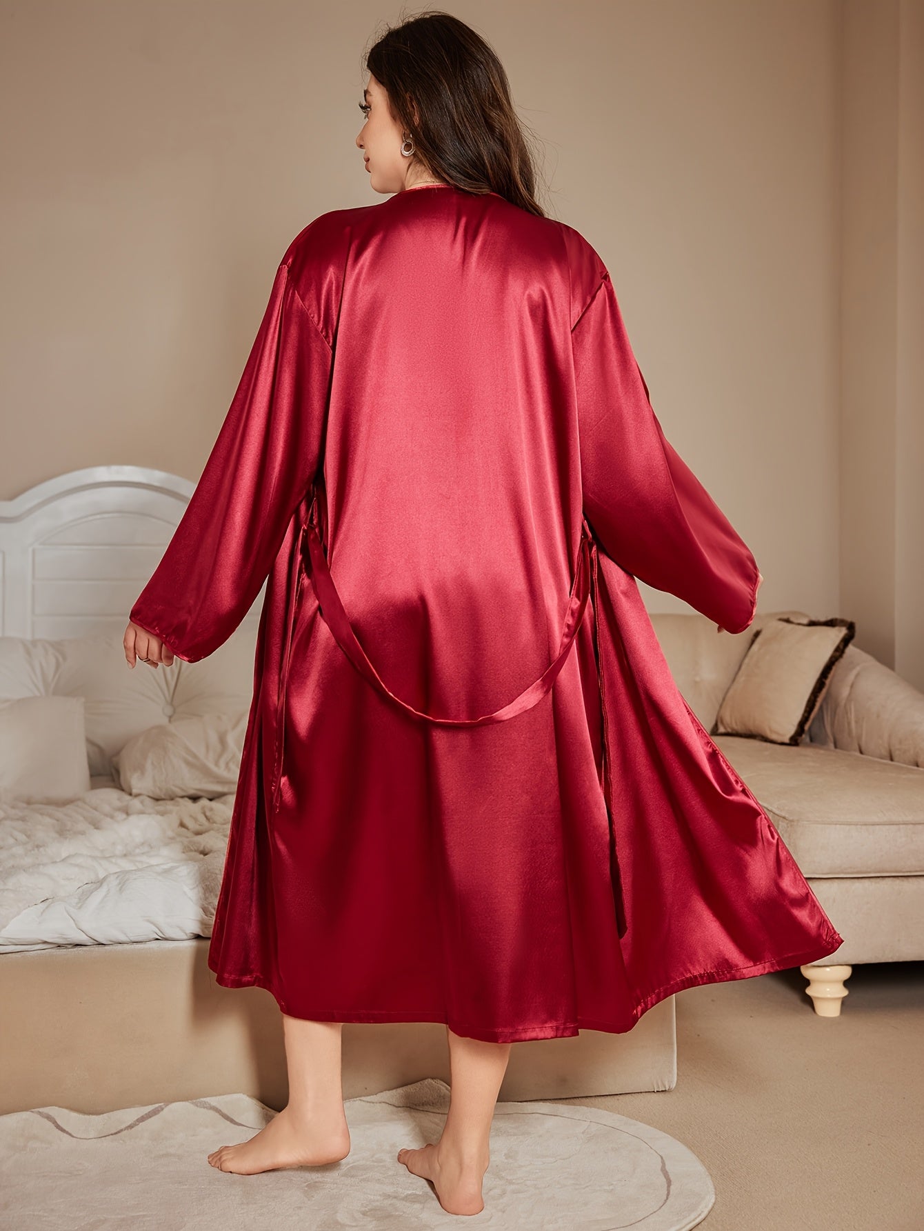 2pcs Women's Plus Size French Lace Pajama set - Sexy Deep V Camisole Skirt & Long Cardigan Nightgown, Lace Trim Nightwear Robe, Non-Stretch Luxury Sleepwear for s (No underwear/Bra) - Elegant Special Line Collection 2pcs suit