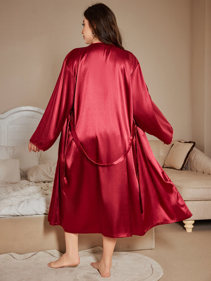 2pcs Women's Plus Size French Lace Pajama set - Sexy Deep V Camisole Skirt & Long Cardigan Nightgown, Lace Trim Nightwear Robe, Non-Stretch Luxury Sleepwear for s (No underwear/Bra) - Elegant Special Line Collection 2pcs suit
