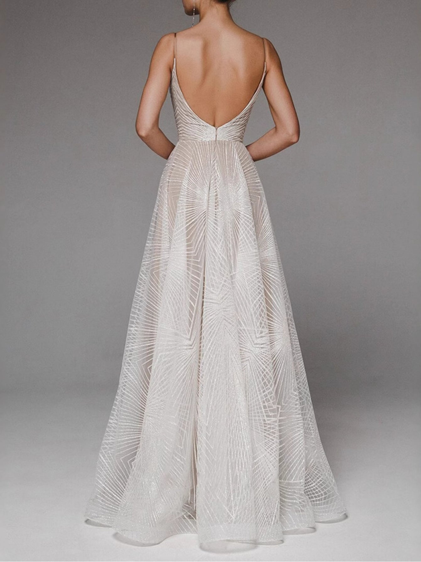 Geometric Beaded Spaghetti Strap V-Neck Flared Wedding Dress, Lightweight Tulle Fitted Gown, Simple and Elegant Style