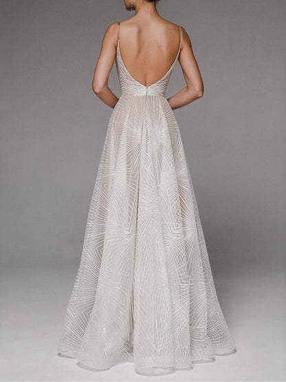 Geometric Beaded Spaghetti Strap V-Neck Flared Wedding Dress, Lightweight Tulle Fitted Gown, Simple and Elegant Style