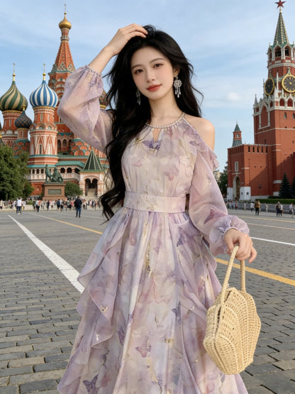 French Style Halter Neck Off-the-Shoulder Floral Chiffon Dress for Women, Super Fairy Waist-Cinched Flowy Maxi Dress with Gentle & Feminine Vibe for Spring And Summer; Irregular Ruffled Waist-Cinched Long-Sleeve Printed Maxi