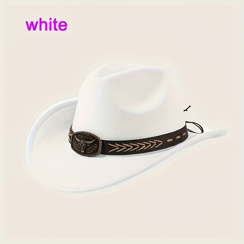 3pcs Unisex Western Cowboy Hats - Wide Brim Sun Protection, Metal Bull Head Buckle & Braided Faux Belt, Vintage Style for Outdoor Riding, Hiking, Rodeo (Black/Brown/White) | Classic Cowboy Style | Faux Fabric