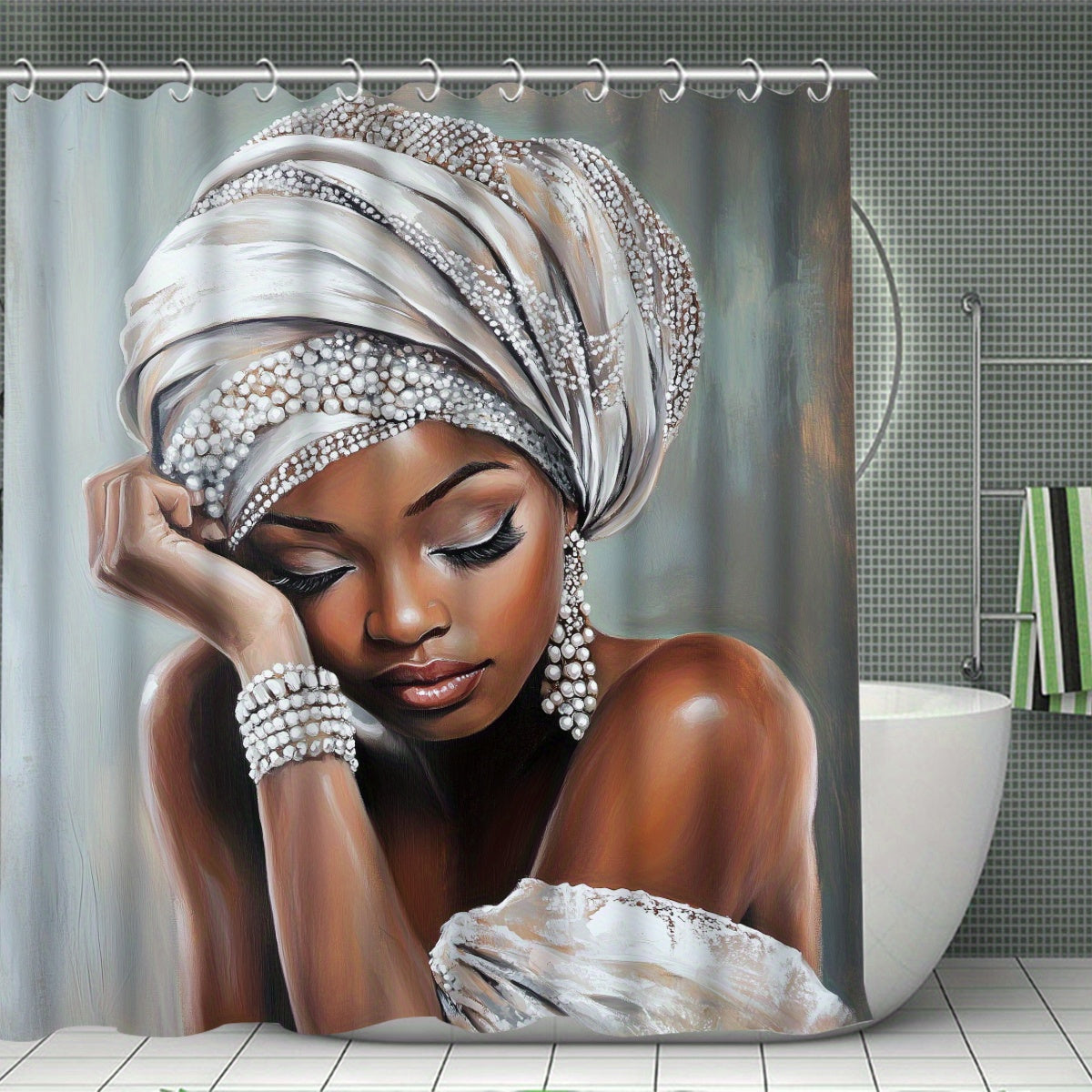 4pcs Sexy Woman Shower Curtain Set with frican Woman Portrait ( & Beaded Headwrap) - Elegant Bathroom Decor, Toilet Mat & 12 Free Hooks Included, Luxury Bath ccessories for Spa-Like Homes, Housewarming Gift for Women, Shower