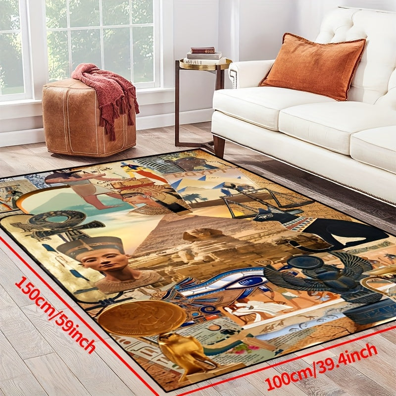 1pc Non-Slip High Quality Machine Washable Mat - Egyptian-Themed Polyester Mat with Hieroglyphics & Pharaohs Design, Large Area Mat for Indoor/Outdoor Use in Entryway, Living Room, Bedroom, Patio, Garden - Home Decor, Washabl