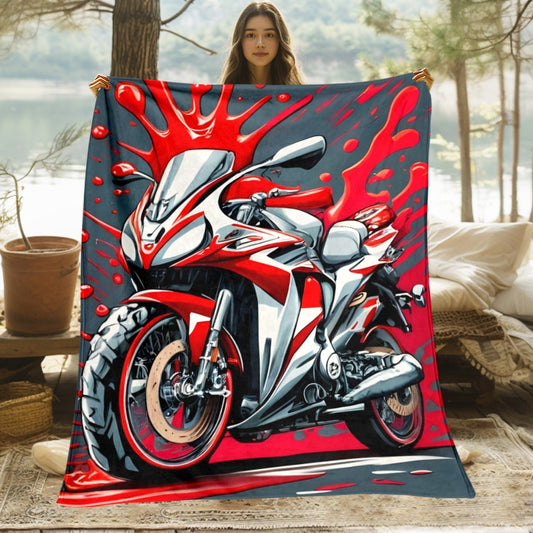 1pc Red Motorcycle HD Printed Blanket. Soft and Warm Flannel Blanket for Travel, Camping, Sofa, Livingroom, Couch, Chair, Bed. Gift for Family or Friends 280GSM 3 Sizes Available (30x40in/50x60in/60x80in)