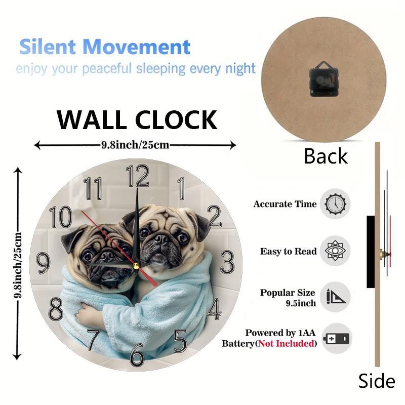 [Silent Operation] Charming Pug-Themed Silent Wooden Wall Clock - Farmhouse Style Round Clock with Adorable Pug Design, Easy-to-Read Numbers, No Ticking Sound, Perfect for Kitchen, Bedroom, or Office Decor, 9.8x9.8 Inches (Ba