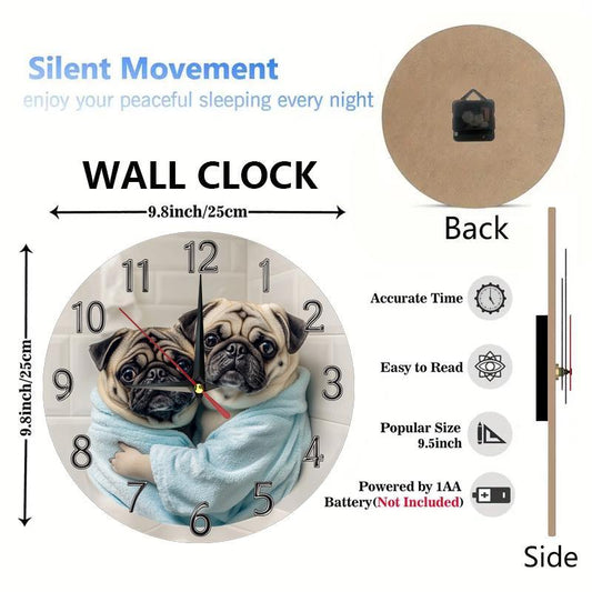 [Silent Operation] Charming Pug-Themed Silent Wooden Wall Clock - Farmhouse Style Round Clock with Adorable Pug Design, Easy-to-Read Numbers, No Ticking Sound, Perfect for Kitchen, Bedroom, or Office Decor, 9.8x9.8 Inches (Ba