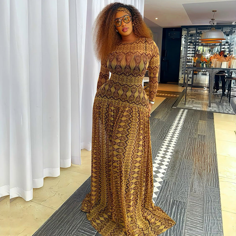 Women'S Elegant Long Sleeve Maxi Dress with Ruched Waist & Geometric Print - Loose Fit Bodycon Silhouette, Round Neck Long Dress in Brown - Comfortable Formal & Semi-Formal Outfits for Fall/Winter, Casual to Formal Events - V