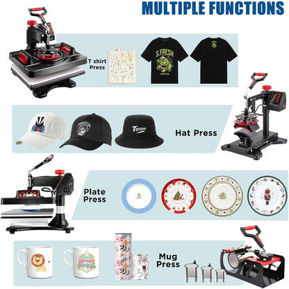 HOMDOX Upgraded 8 in 1 / 5 in 1 Heat Press Machine 15 x 12 Inch Professional Heat Transfer Machine 360-Degree Swing Away Multifunction Industrial-Quality Digital Sublimation Combo Heat Press for T Shirt Mug Hat Plate Cap for
