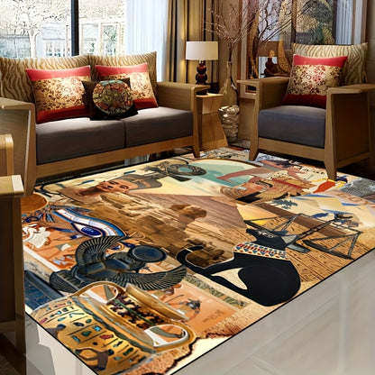 1pc Non-Slip High Quality Machine Washable Mat - Egyptian-Themed Polyester Mat with Hieroglyphics & Pharaohs Design, Large Area Mat for Indoor/Outdoor Use in Entryway, Living Room, Bedroom, Patio, Garden - Home Decor, Washabl