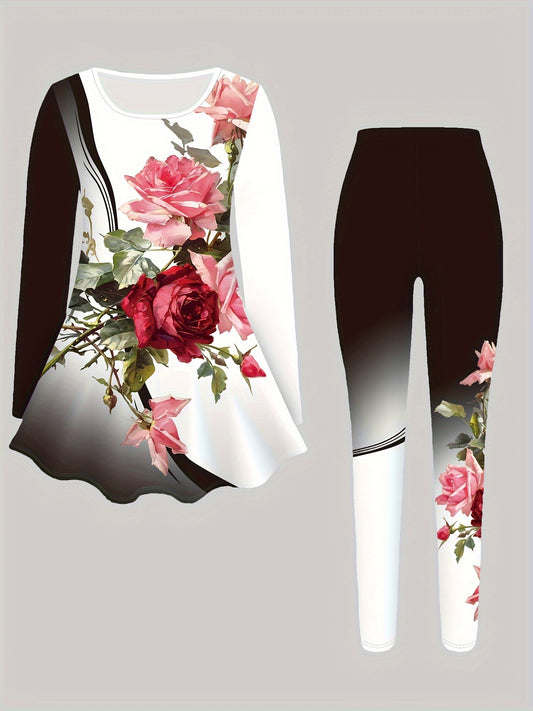 Women's Casual Floral Print Two-Piece Set- Weight Long Sleeve Top And Stretch Leggings, Machine Washable, Color Block, Autumn Spring