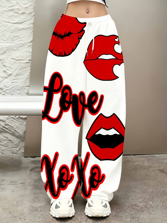 Love XoXo Printed Women's Sweatpants with Red Lips Design Casual Loose Fit Pants Fashion Streetwear Style Comfortable Joggers for Women