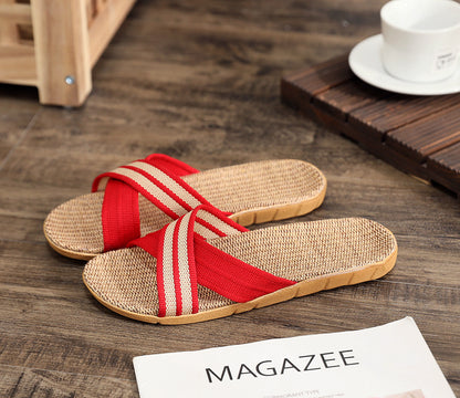 Summer Women's Slippers Home Flats Hemp Luxury Designer Woman Shoes Casual Indoor Slides Couple 2026 Soft Lightweight Large Size