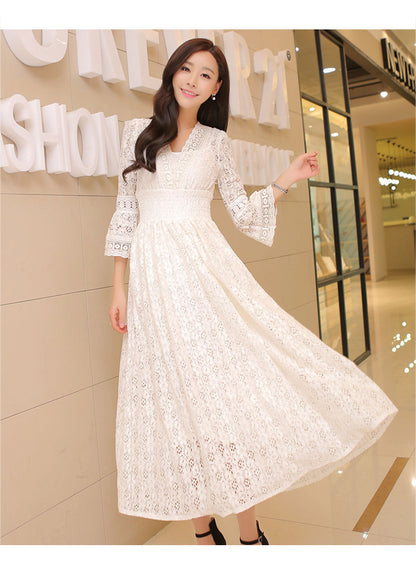 Dress Summer New Style Women's Lace V-Neck Slim Waist Dress Korean Style Dress Vacation Women's Beach Dress
