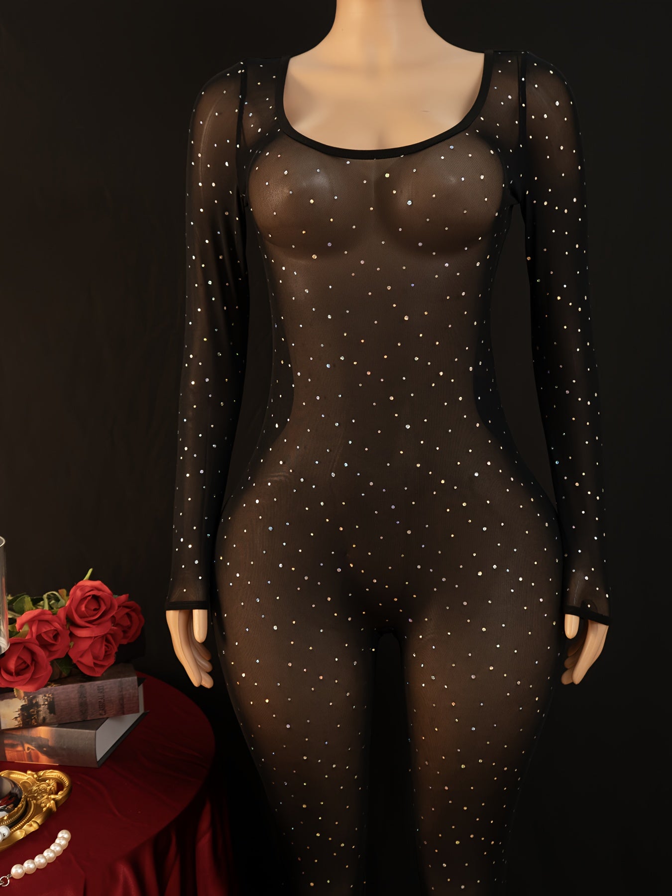 Women'S Elegant Sexy Black Sequin & Mesh Onesie - Lace Trim Full Coverage Bodysuit, Stretchy Elegant Party Outfit for Nightclub, Formal Events, Photo Shoots - Sexy Clubwear Clothing for Women Adults, Sexy Clothes for Women, N
